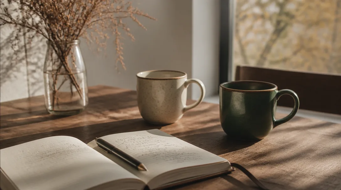 Redaktionsmöte över ett bord med kaffe och anteckningar