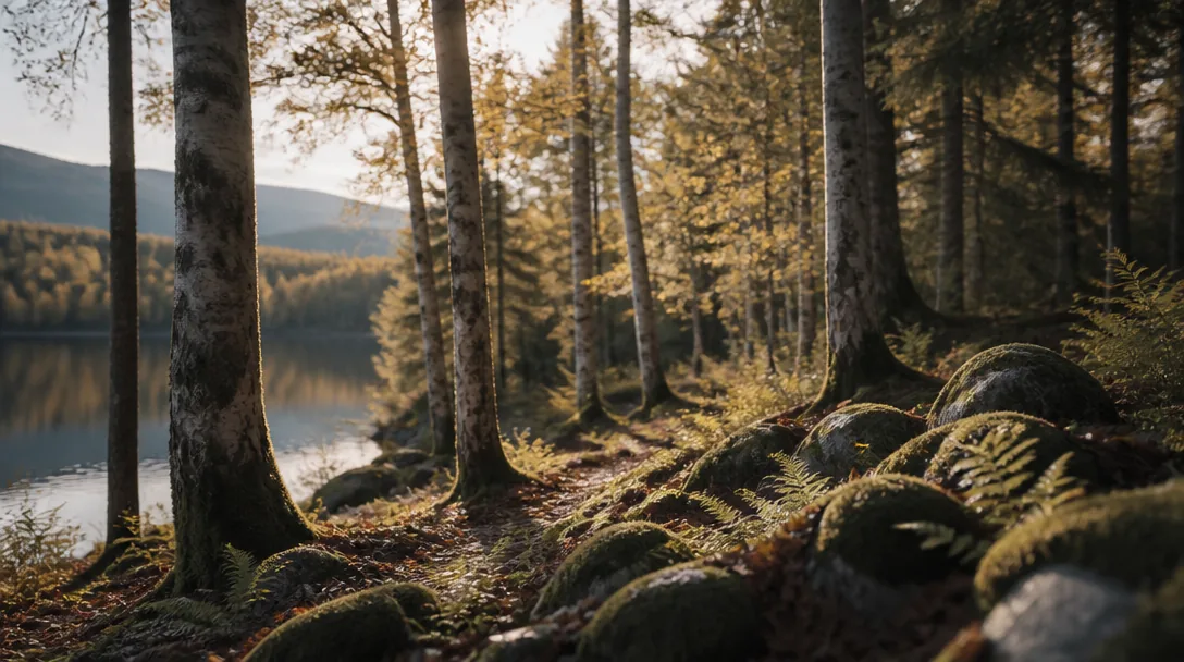 Höstljus genom björkarna vid Edsviken