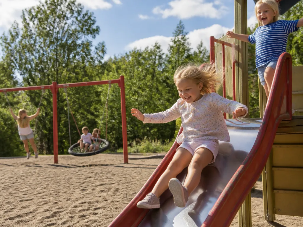 Barn leker i en solig svensk park med färgglad lekutrustning och gröna träd i bakgrunden