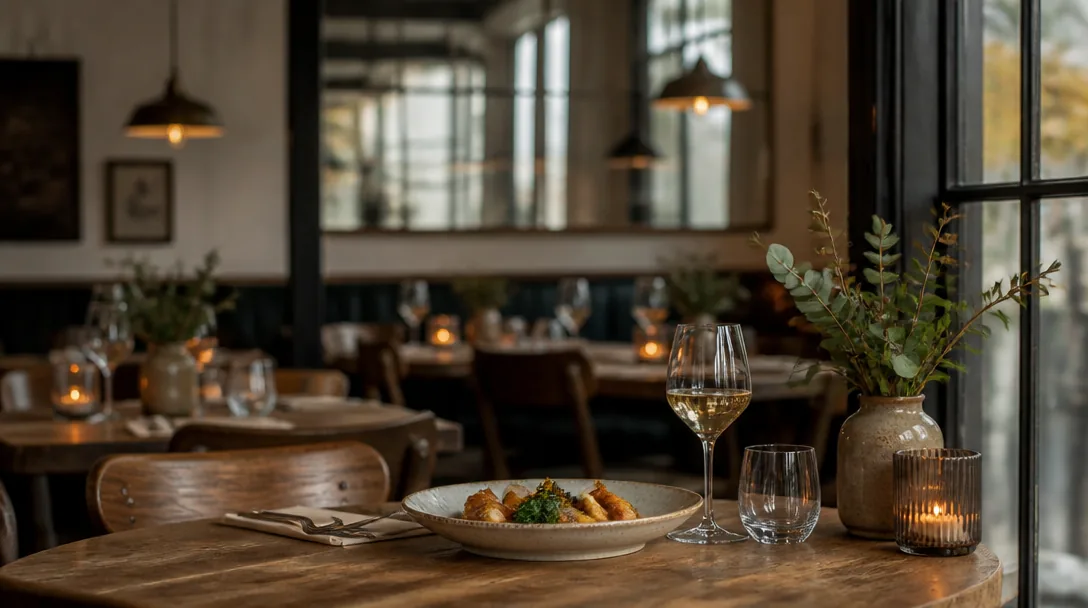 Inredning i en mysig restaurang med trämöbler och varm belysning