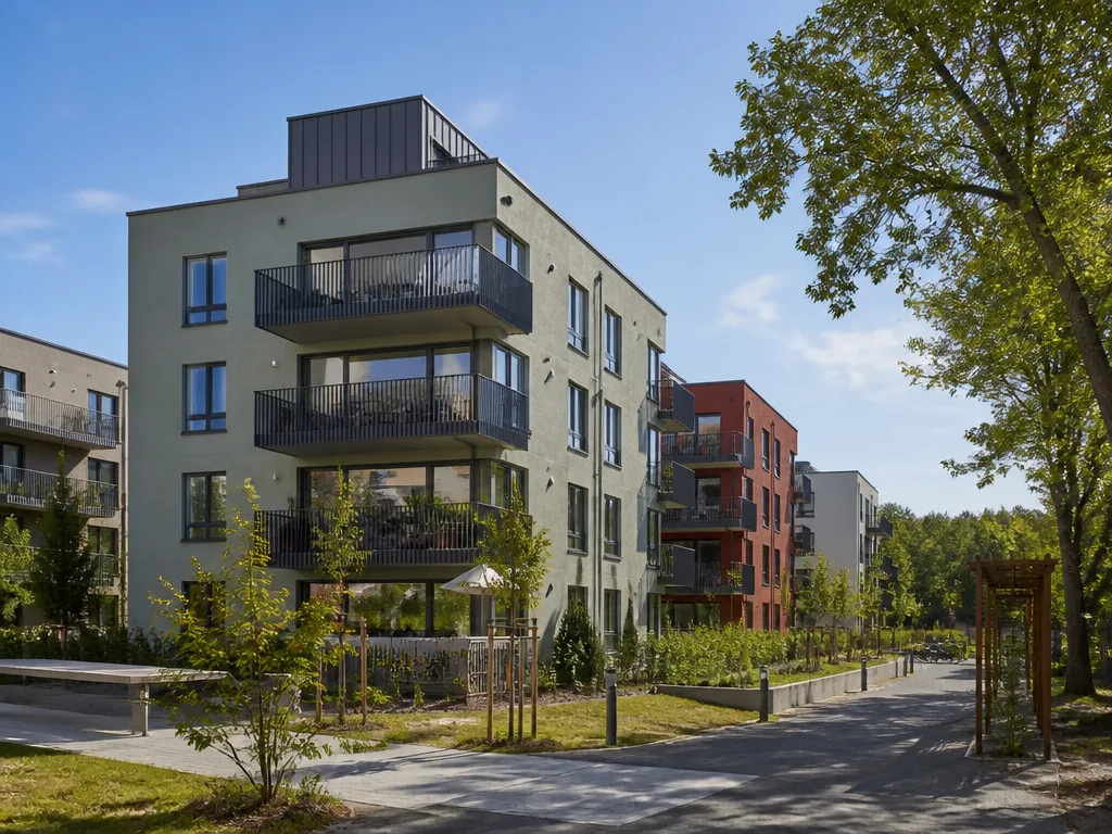 Modern hyresfastighet i Sollentuna omgiven av grönska och klart nordisk arkitektur