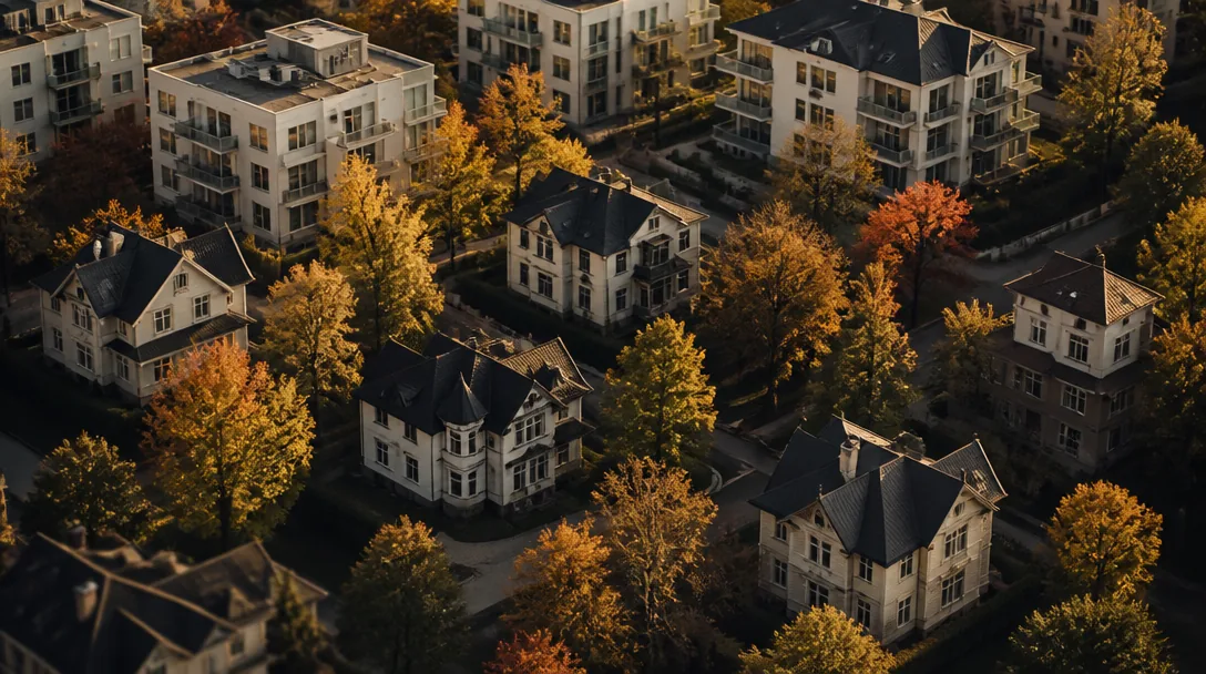 Vy över ett bostadsområde i Sollentuna i kvällsljus