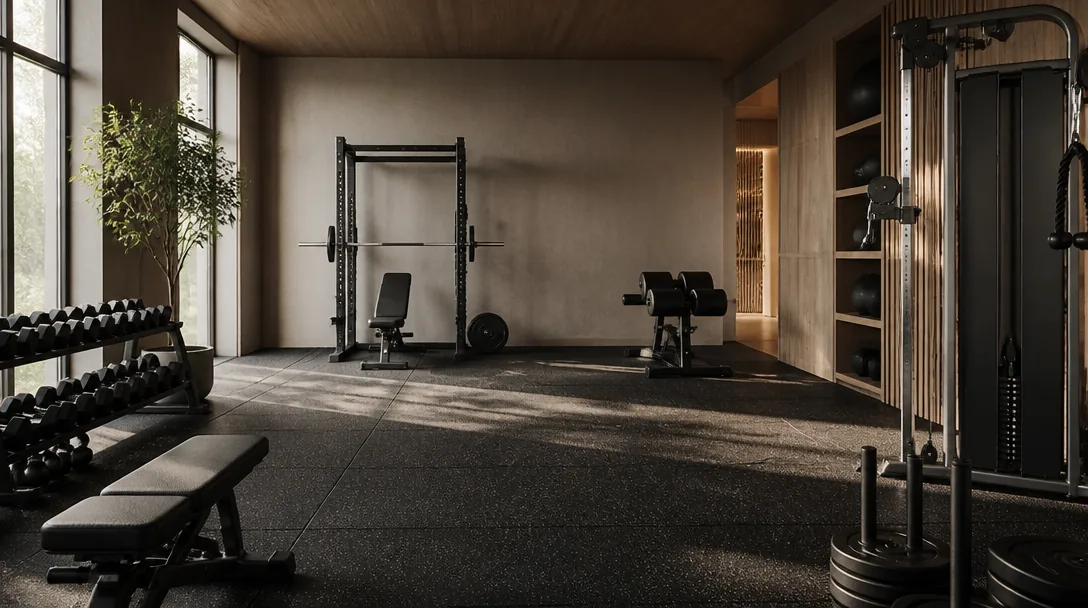 Modernt skandinaviskt gym i morgonljus med vikter och gummigolv