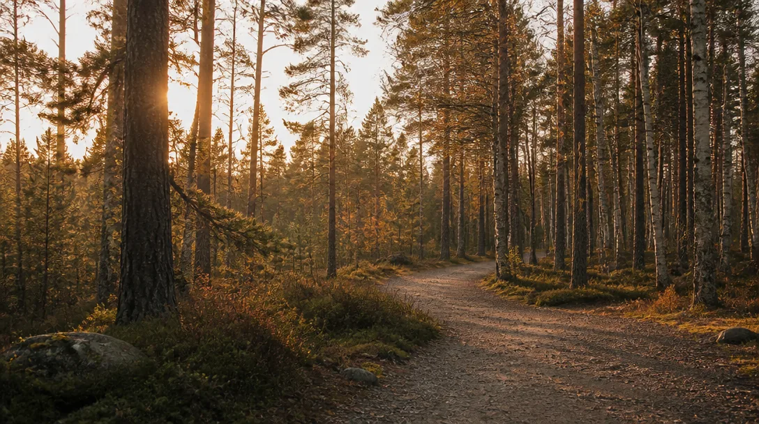Skogsstig genom svenskt naturreservat i höstljus mellan tall och björk