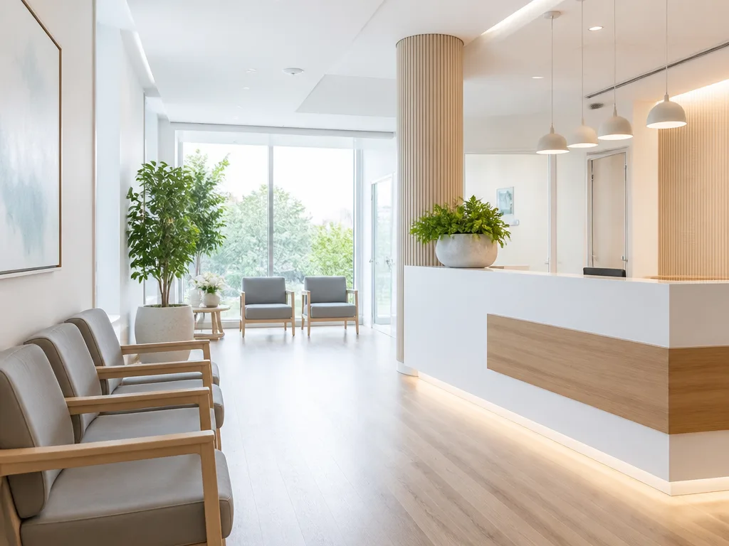 Modern ljus medicinsk väntsal med minimalistisk skandinavisk inredning och receptionsområde