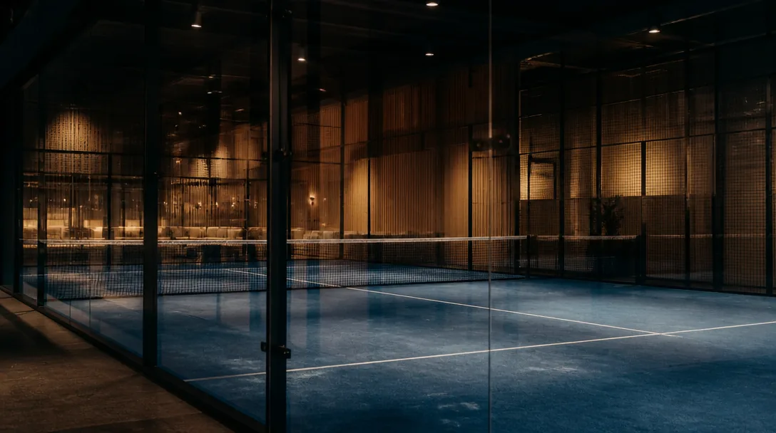 Tom padelbana inomhus i kvällsljus med glasväggar och blå banyta