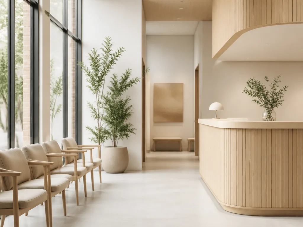 Modernt skandinaviskt väntrum på vårdcentral med naturligt ljus och minimalistisk inredning