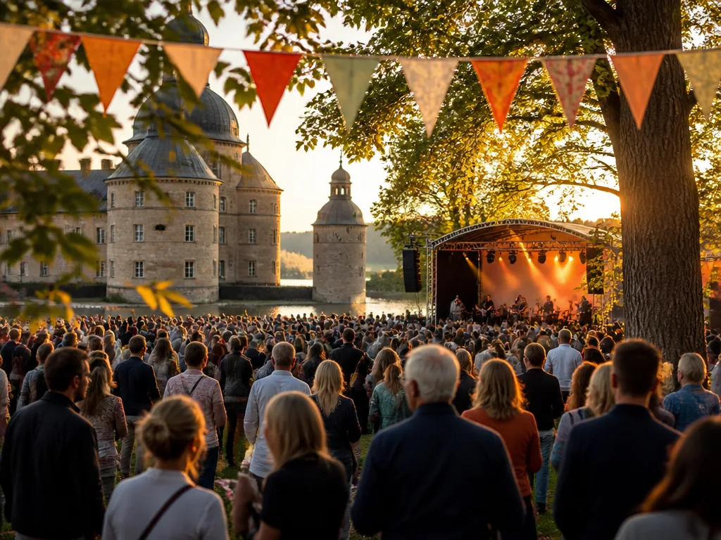 Folksamling njuter av livemusik på en utescen i en park vid solnedgången under en vårfestival