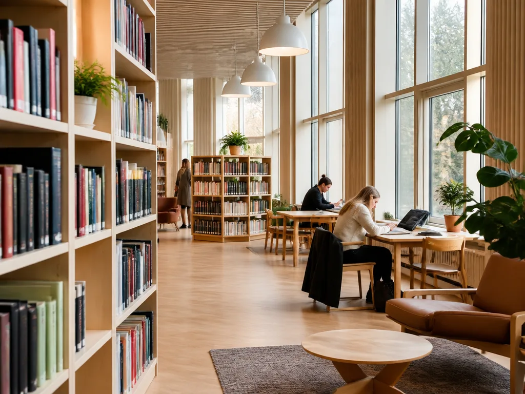 Modernt skandinaviskt biblioteksinteriör med bokhyllor, naturligt ljus och studieplatser