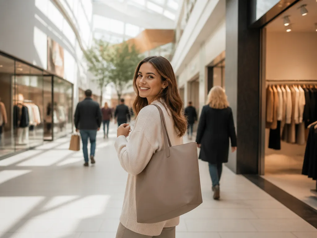 Ljust och välkomnande shoppingcenter-interiör med naturligt dagsljus, breda gångstråk och klädbutiker — typisk atmosfär i Sollentuna centrum