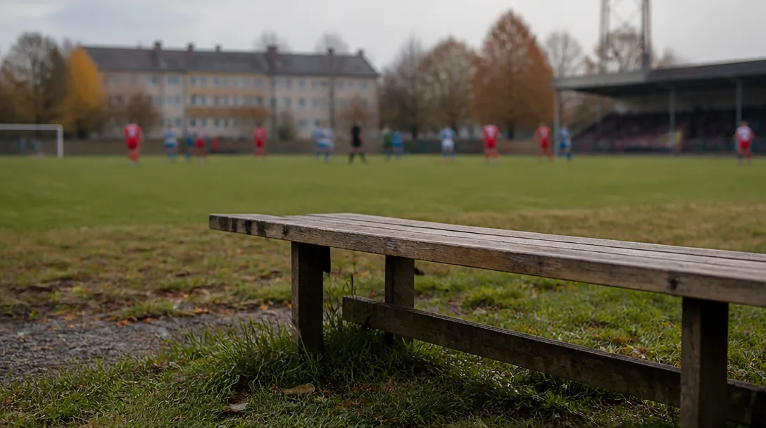 Träbänk i förgrunden vid en svensk fotbollsarena i höstljus med spelare i rörelse i bakgrunden