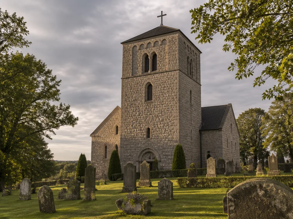 Medeltida romansk stenkyrka med klockstapel och gammal kyrkogård i Sollentuna