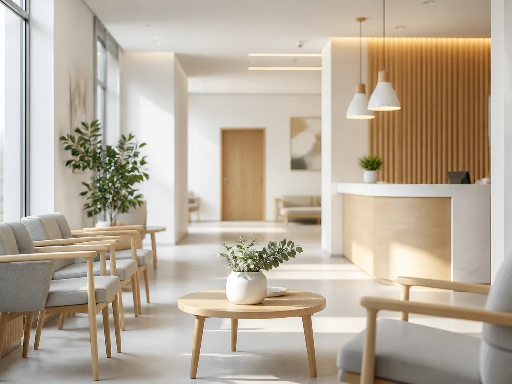 Modern ljus sjukvårdsväntsal med skandinavisk minimalistisk inredning och naturligt ljus