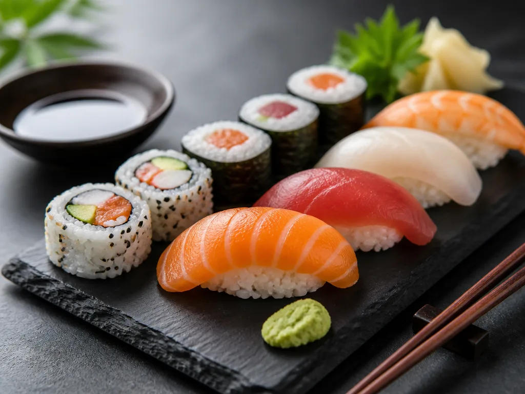Elegant sushitallrik med nigiri och makirullar, ätpinnar och sojasås
