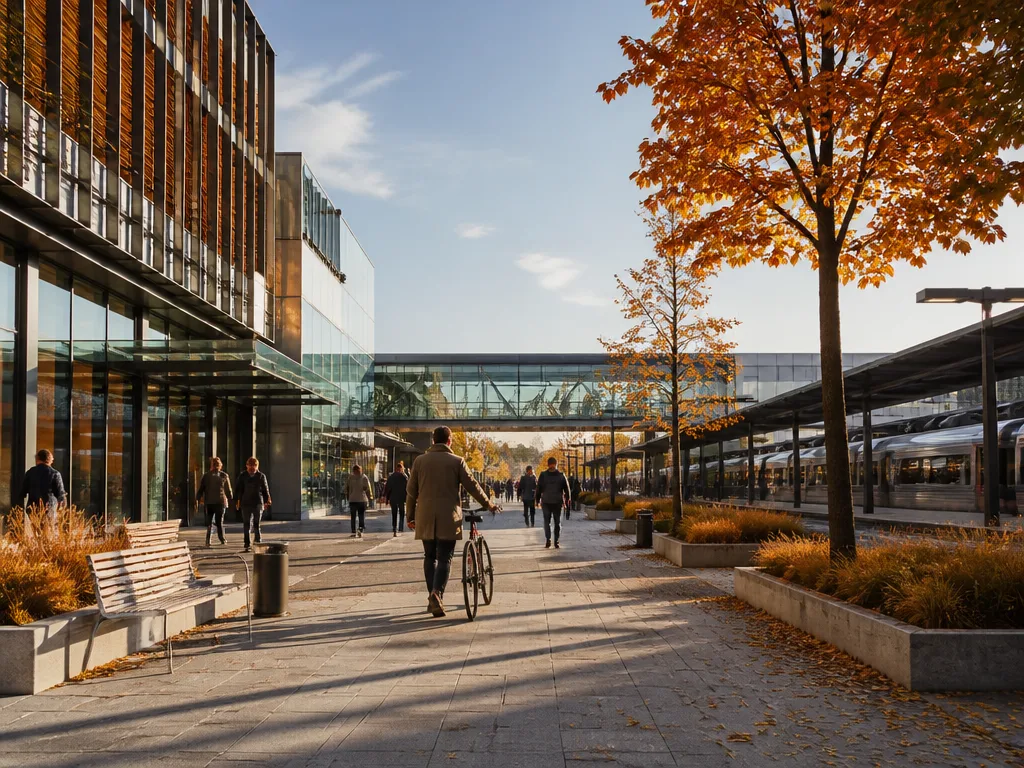 Modernt stadscentrum i Tureberg, Sollentuna – pendeltågsstation och köpcentrum i skandinavisk arkitektur
