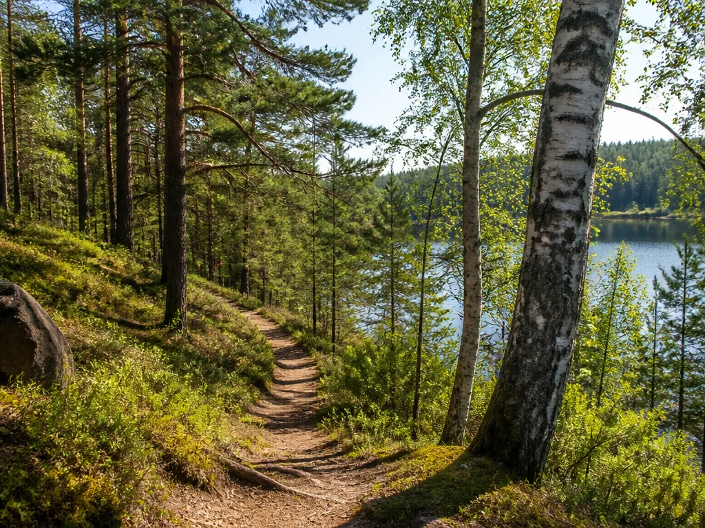 Solbelyst skogsstig i skandinavisk björk- och tallskog med glimtar av en stilla sjö i bakgrunden — typisk natur vid utflykter nära Sollentuna